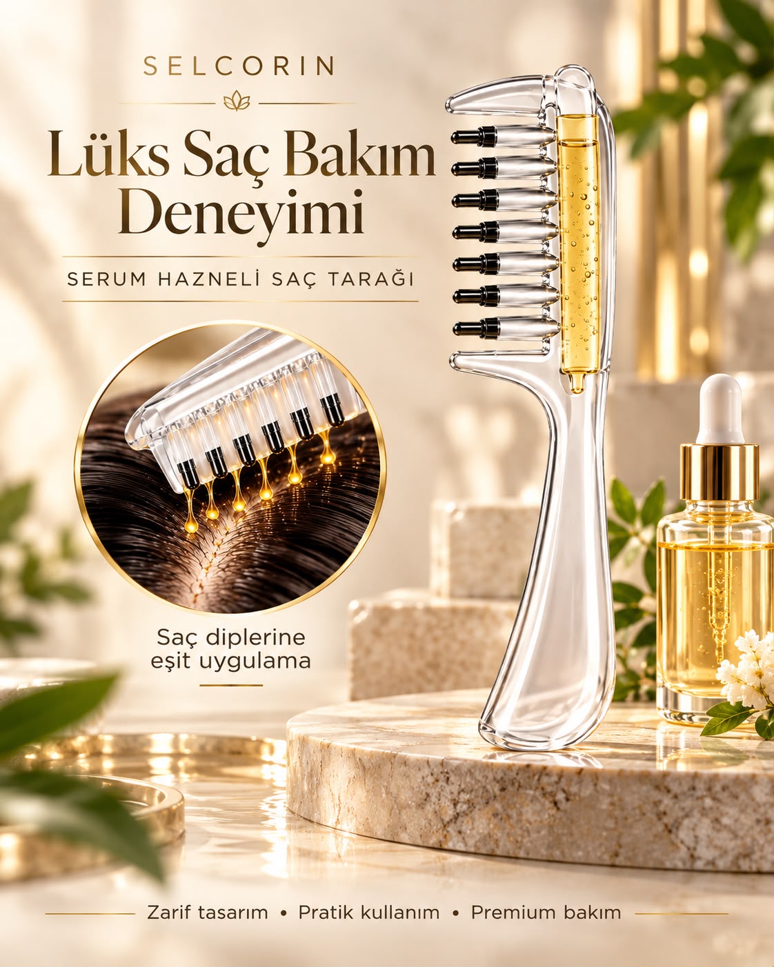Saç Diplerine Serum Uygulama Tarağı-Masaj Başlıklı-Sıvı Hazneli